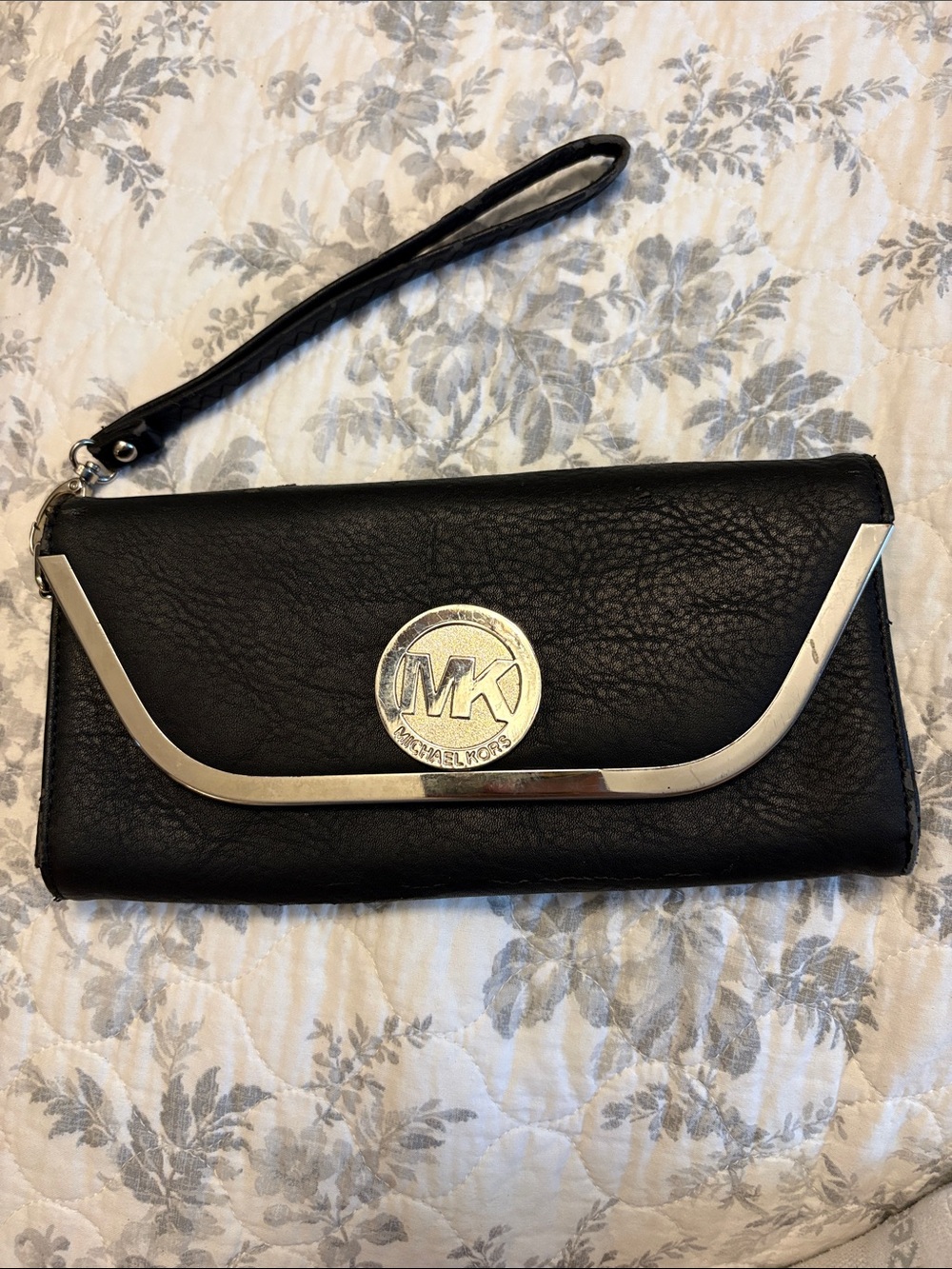 Michael Kors Black Leather Wristlet Clutch with Silver-Tone Trim